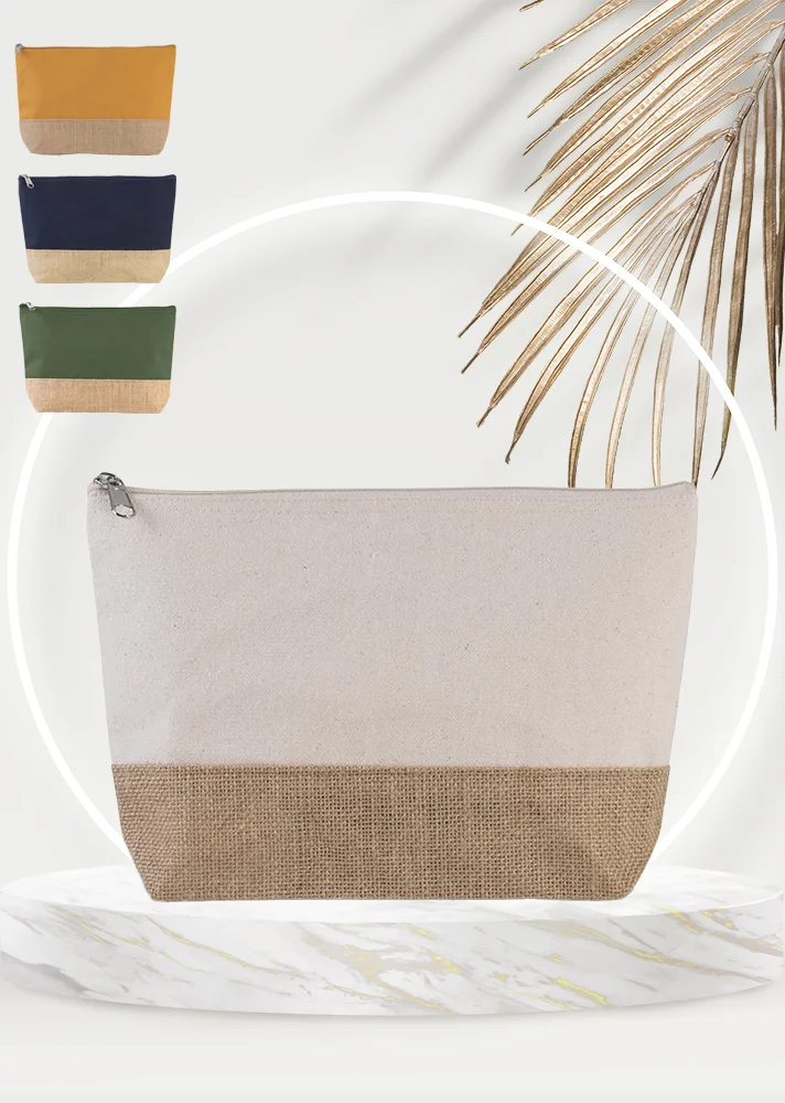 pochette coton toile de jute personnalisée beige bleu jaune et verte idée cadeau