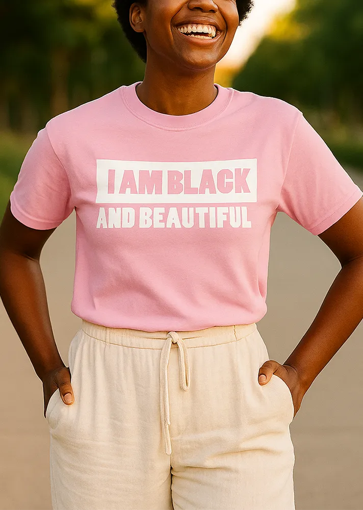Femme portant un t-shirt rose pour avec le texte “I am Black and Beautiful” à l'avant. Couleurs personnalisables